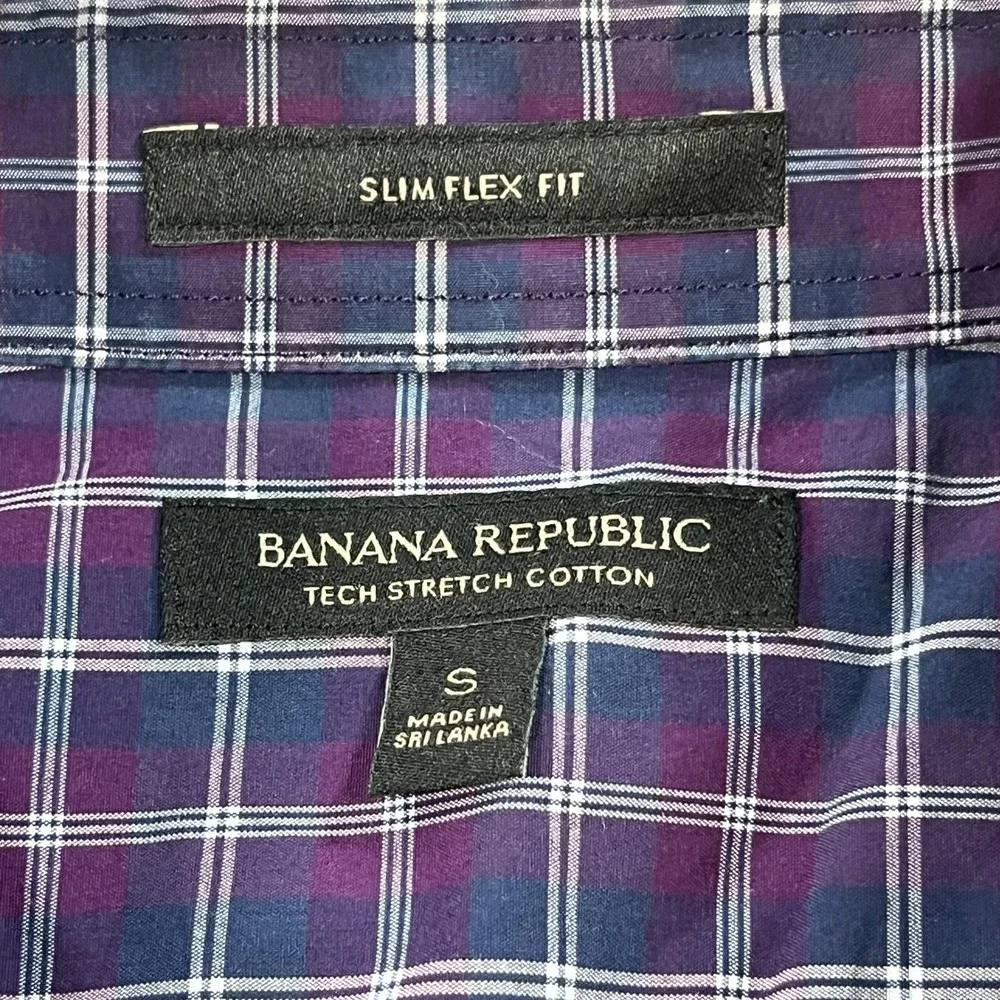 Banana Republic Button Up Mens S Purple Plaid Tech Stretch Cotton Slim Flex Fit